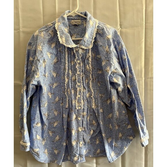 Vintage Lanz of Salzburg Pajama Set Blue Bird Flannel 2 Pc Set Modest Grandma M - Picture 1 of 9